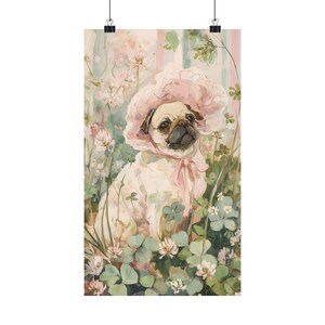 Pug Floral Bonnet Print, Cottagecore Dog Wall Art, Cute Pug Garden Poster, Soft Pink Pet Decor, Pug Lover Art Print image 8