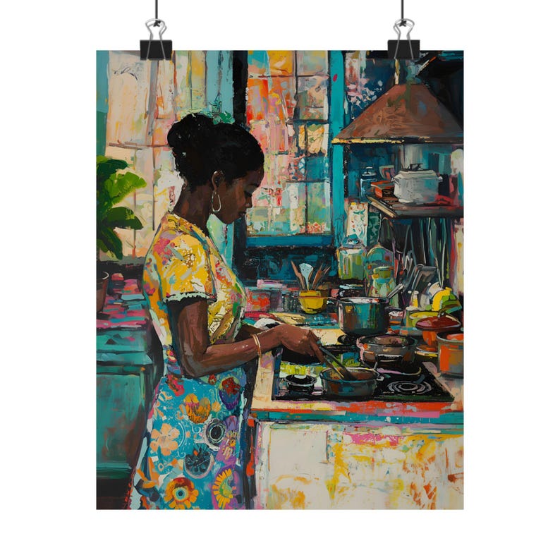 Colorful Kitchen Black Girl Art Print, Vibrant Kitchen Decor, Henri Matisse style, Unique Cooking Painting, Housewarming, Kitchen Wall image 2
