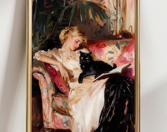May include: A framed oil painting depicts a woman in a white dress reclining on a floral-patterned sofa, with a black cat resting on her lap. The painting has a gold frame and a classic, romantic style.