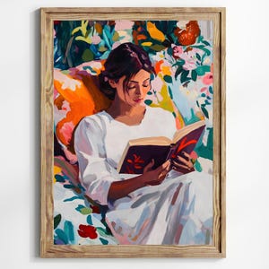 May include: A painting of a woman in a white dress sitting on a colorful floral patterned couch, reading a book. The woman has dark hair and is looking down at the book. The background is a vibrant mix of colors and patterns.