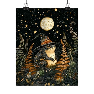 Magical Witch Frog Art Print, Moonlit Forest Nursery Wall Decor, Whimsigoth Botanical Illustration, Woodland Animal Poster image 2