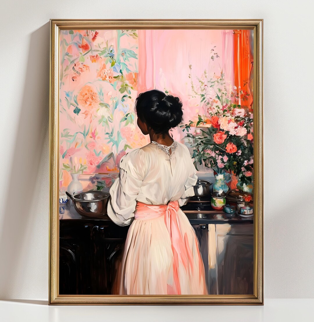 Black Woman in Floral Kitchen Art Print, Elegant African American Wall ...