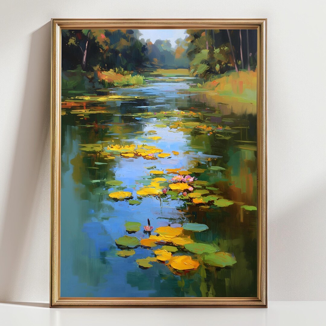 Water Lily Pond Art Print, Sunset Lake Painting, Monet Inspired Wall ...