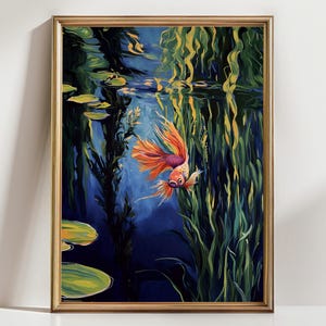 May include: A framed painting of a betta fish swimming in a pond. The fish has vibrant orange and purple fins. The pond features green aquatic plants, lily pads, and a dark blue water background. The frame is gold.