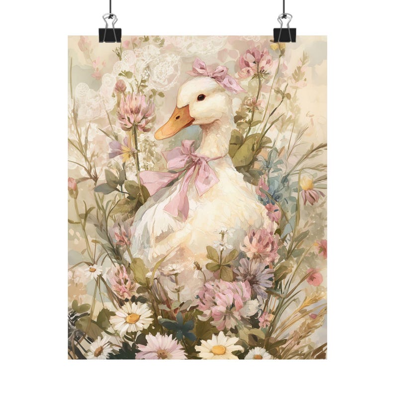 Lámina artística de pato caprichoso | Decoración floral de pared estilo cottagecore | Ilustración de pato con capota, estampado animal pastel para guardería, estilo granja vintage imagen 2