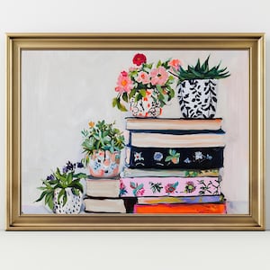 May include: A painting of a stack of books with three potted plants on top. The plants are in colorful pots with floral designs. The books are stacked in a staggered pattern and have different colored covers. The background is a light gray.