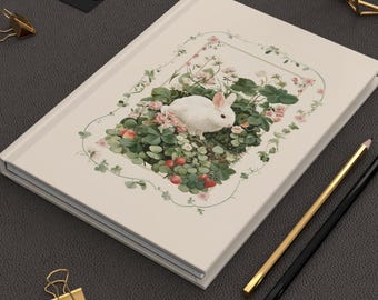 Cream Bunny Journal – Cottagecore Rabbit Notebook with Strawberry Garden Illustration, Minimal Pastel Diary, Kawaii Nature Gift