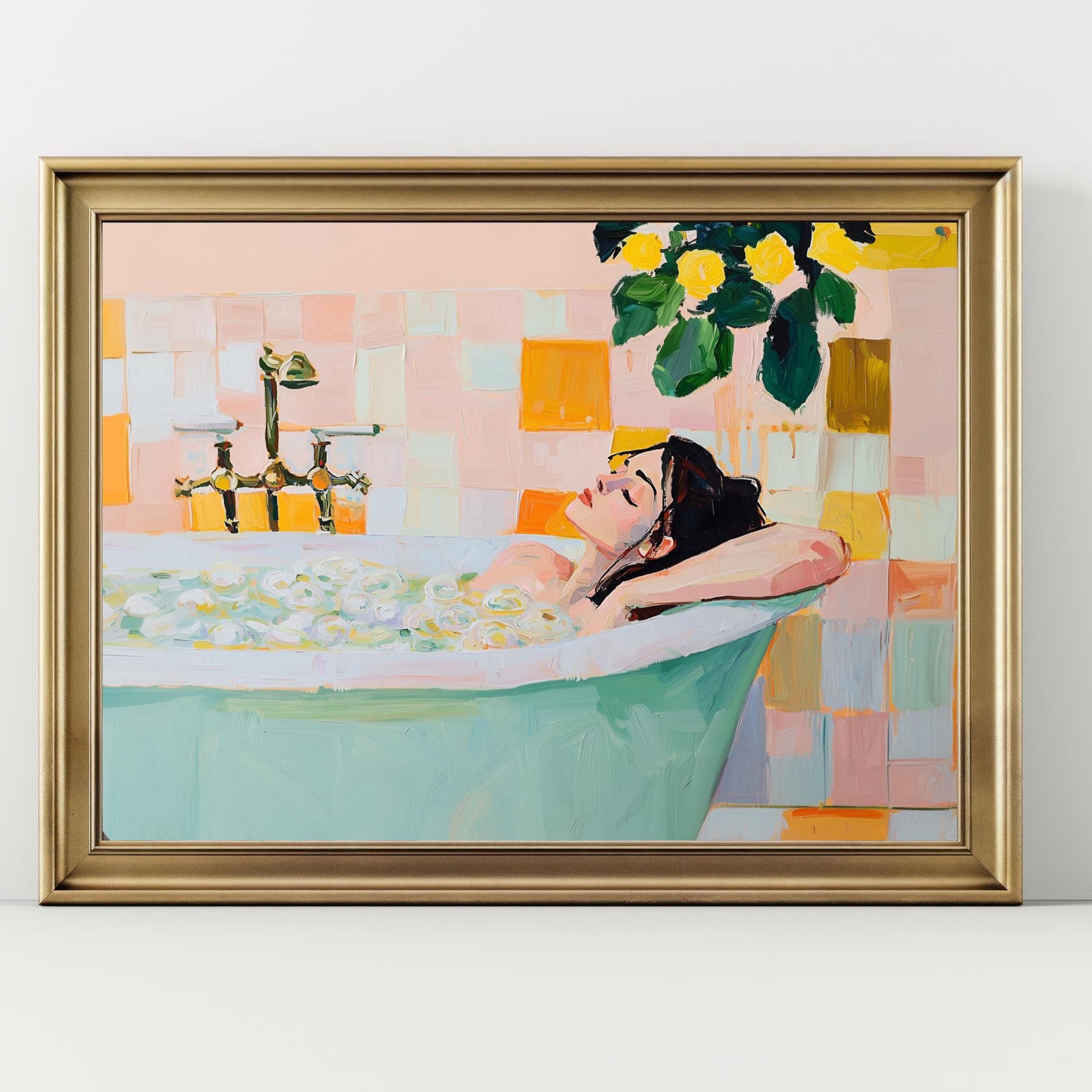 絵画 Bubble Bath Relaxing Bubble Bath Woman Art Print, Spa Bathroom Wall Art