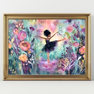 Black Ballerina Wall Art Print – Floral Dance Painting, Girls Room Decor, Ballet Nursery Artwork, Afro Ballerina Illustration