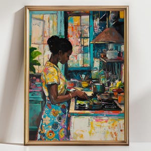 May include: A painting of a person cooking in a kitchen. The person is wearing a yellow shirt and a colorful skirt. The kitchen is painted in a vibrant style with bright colors and textures.