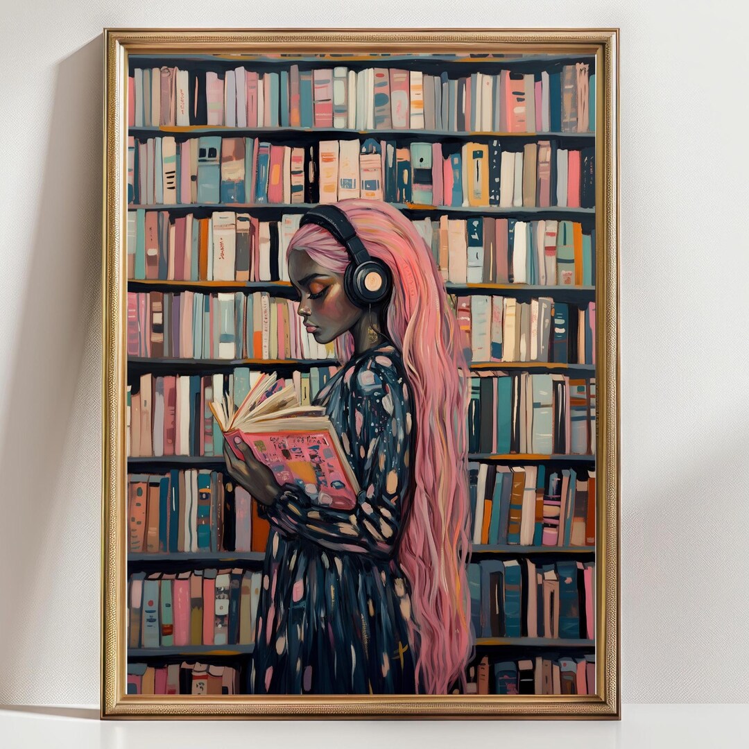 Pink Hair Black Girl Reading Art Print – Book Lover Wall Decor, Cozy ...