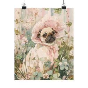 Pug Floral Bonnet Print, Cottagecore Dog Wall Art, Cute Pug Garden Poster, Soft Pink Pet Decor, Pug Lover Art Print image 6