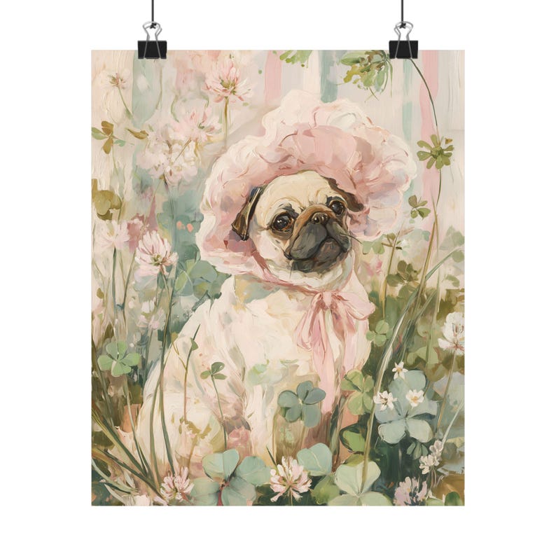 Pug Floral Bonnet Print, Cottagecore Dog Wall Art, Cute Pug Garden Poster, Soft Pink Pet Decor, Pug Lover Art Print image 6