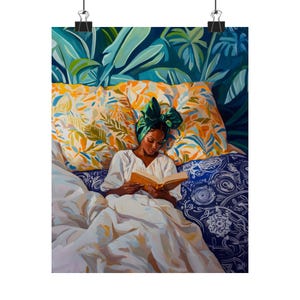 Cuadro de mujer negra leyendo, lámina artística que empodera a las chicas negras, decoración acogedora para amantes de los libros. imagen 2