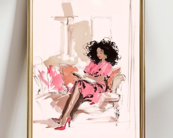 Lámina con boceto de moda de mujer negra, arte de pared elegante rosa para leer, póster de ilustración femenina chic, lámina de arte de mujer afroamericana