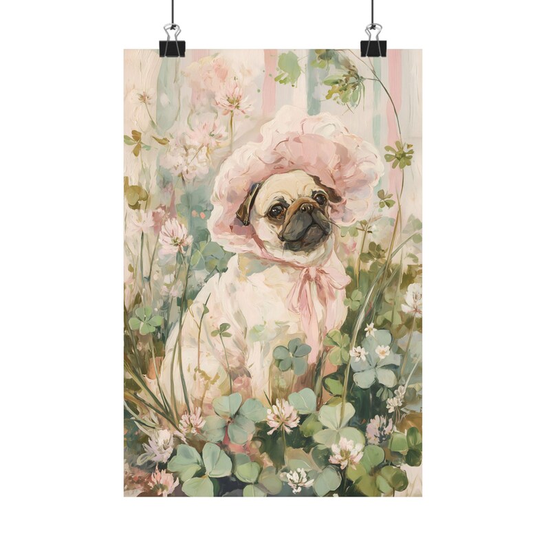 Pug Floral Bonnet Print, Cottagecore Dog Wall Art, Cute Pug Garden Poster, Soft Pink Pet Decor, Pug Lover Art Print image 5