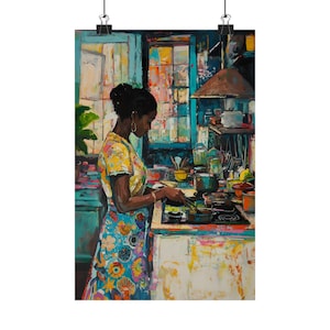 Colorful Kitchen Black Girl Art Print, Vibrant Kitchen Decor, Henri Matisse style, Unique Cooking Painting, Housewarming, Kitchen Wall image 5