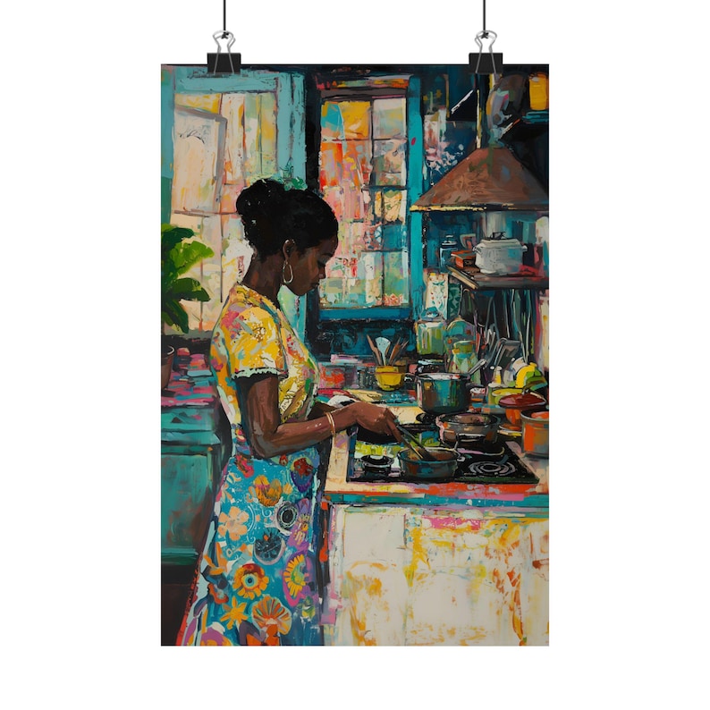 Colorful Kitchen Black Girl Art Print, Vibrant Kitchen Decor, Henri Matisse style, Unique Cooking Painting, Housewarming, Kitchen Wall image 5