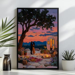 Black Couple Camping Art Print, Romantic Desert Sunset Painting, Vintage Camper Campfire Wall Decor, Black Love Anniversary Gift
