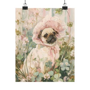 Pug Floral Bonnet Print, Cottagecore Dog Wall Art, Cute Pug Garden Poster, Soft Pink Pet Decor, Pug Lover Art Print image 2