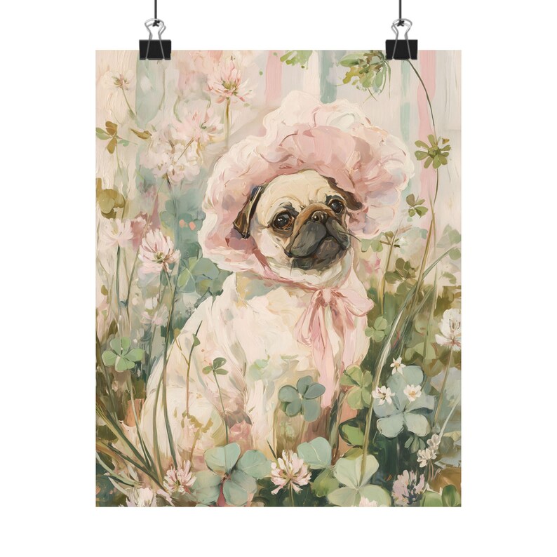 Pug Floral Bonnet Print, Cottagecore Dog Wall Art, Cute Pug Garden Poster, Soft Pink Pet Decor, Pug Lover Art Print image 2
