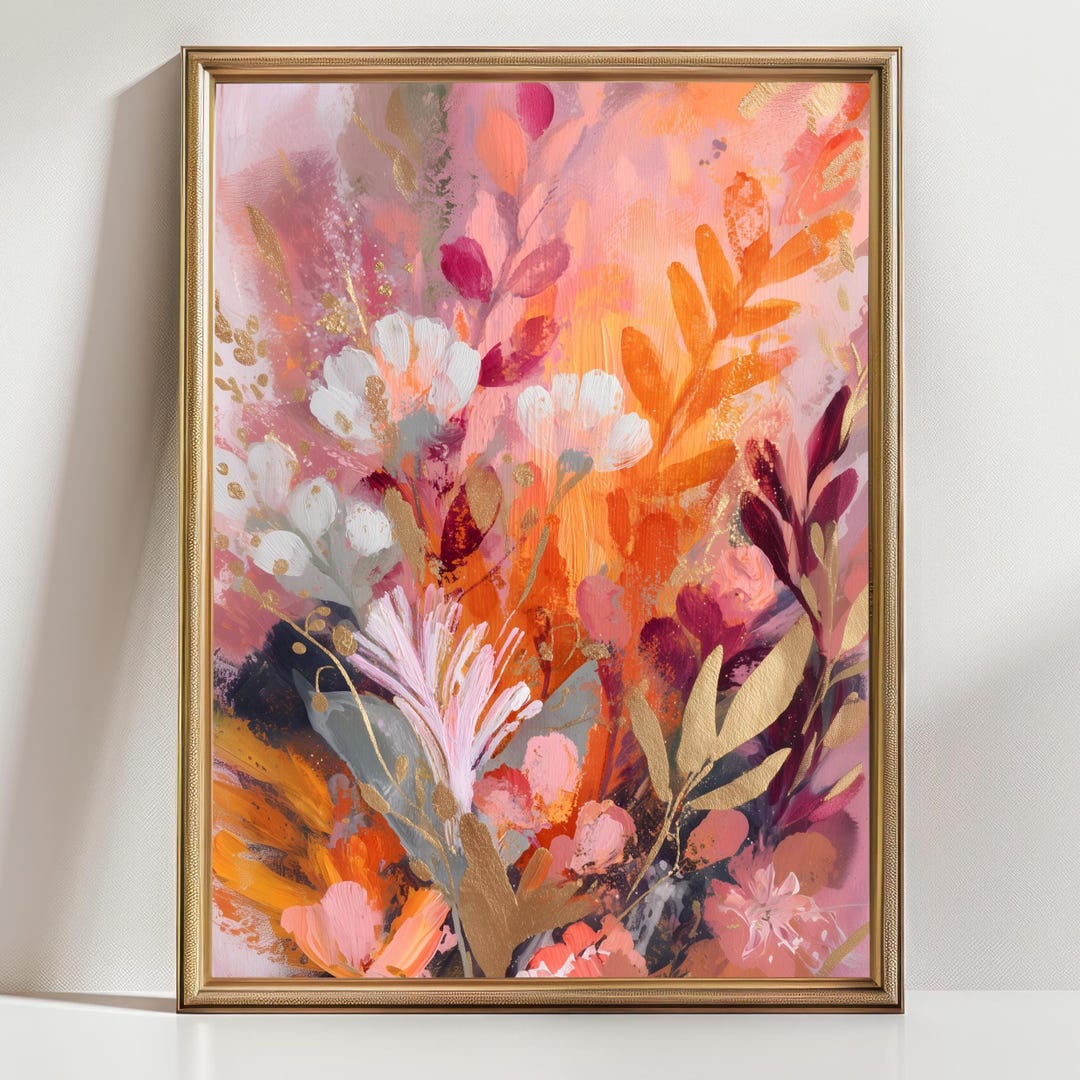 Abstract Floral Wall Art Print | Warm Orange & Pink Botanical Painting ...