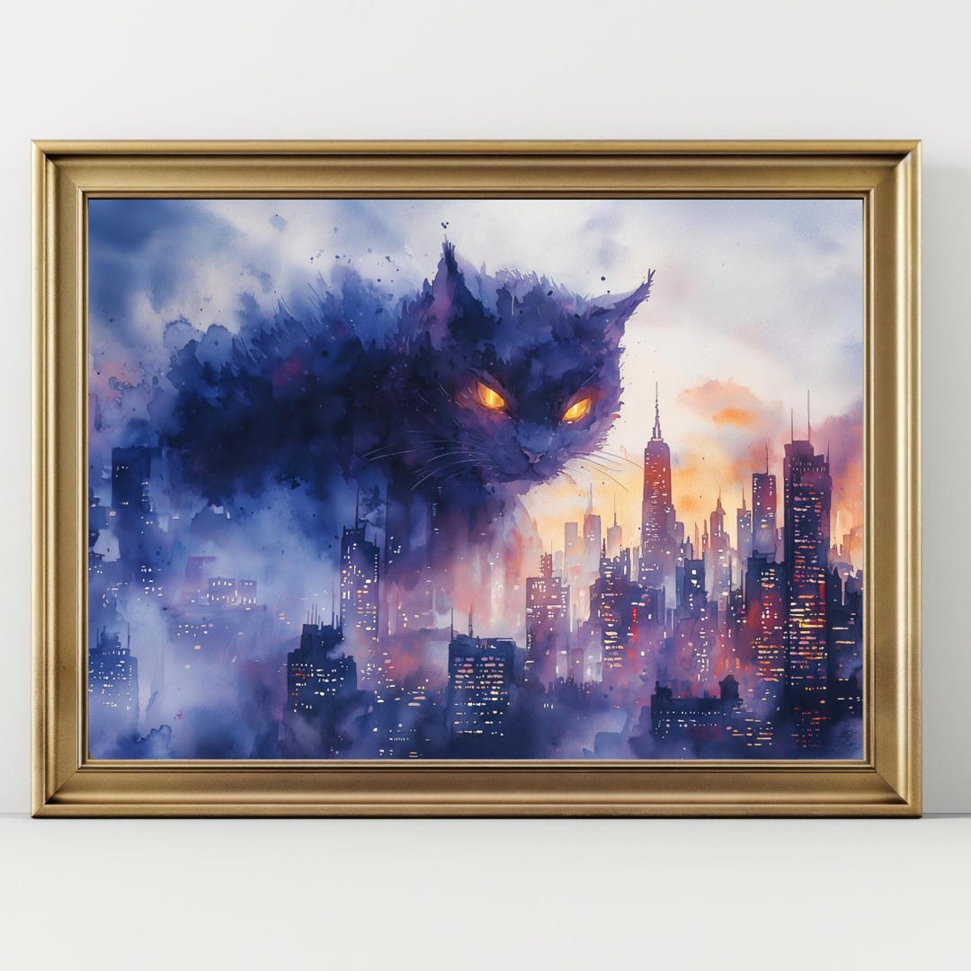 Watercolor Catzilla Cat in the City Art Print, Watercolor Cat Monster ...