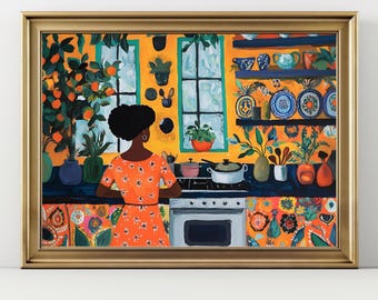 Black Woman Cooking Wall Art Print, Colorful Kitchen Scene Painting, Afrocentric Kitchen Decor, Vibrant Home Cooking Illustration