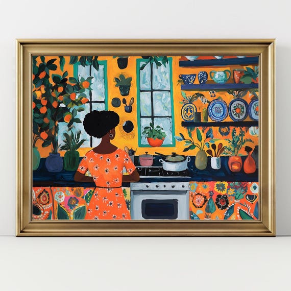 Black Woman Cooking Wall Art Print, Colorful Kitchen Scene