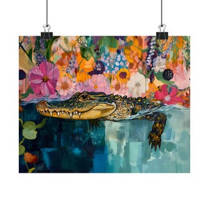 Colorful Alligator Art Print, Horizontal Maximalist Decor, Nature Decor, Wildlife Crocodile Wall Art, Floral Animal Artwork Home Decor image 2