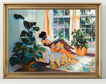 Black Woman Reading with Plants Print, Sunny Living Room Wall Art, African American Oil Painting, Botanical Boho Decor