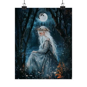 Moonlit Forest Fairy Art Print, Enchanted Woman with White Hair, Dark Woodland Fantasy Wall Art, Ethereal Mystical Nature Decor image 2