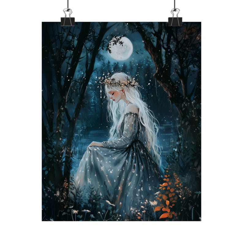Moonlit Forest Fairy Art Print, Enchanted Woman with White Hair, Dark Woodland Fantasy Wall Art, Ethereal Mystical Nature Decor image 2