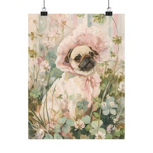 Pug Floral Bonnet Print, Cottagecore Dog Wall Art, Cute Pug Garden Poster, Soft Pink Pet Decor, Pug Lover Art Print image 7