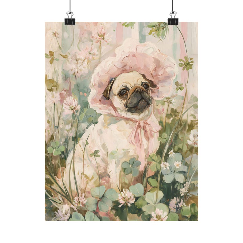 Pug Floral Bonnet Print, Cottagecore Dog Wall Art, Cute Pug Garden Poster, Soft Pink Pet Decor, Pug Lover Art Print image 7