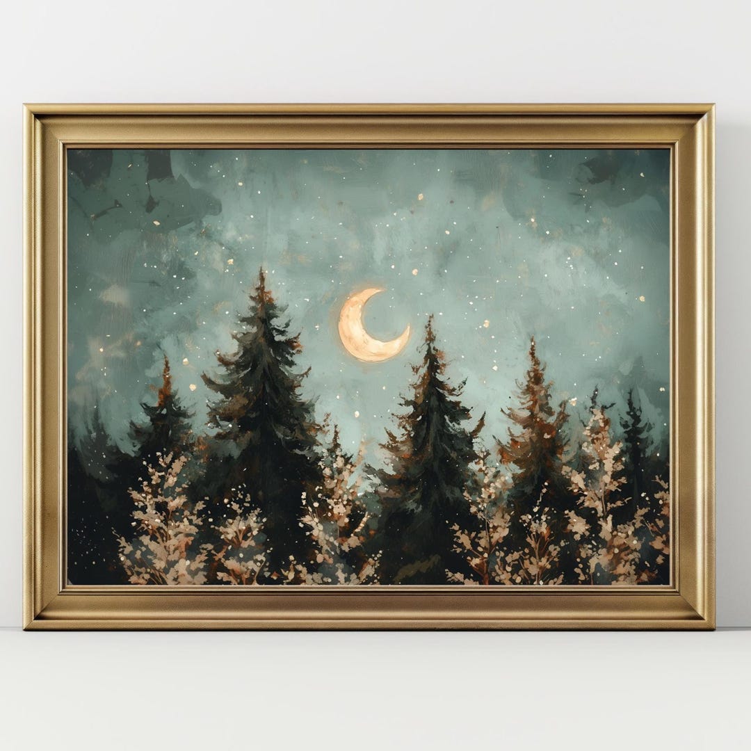 Crescent Moon Forest Art Print, Night Sky Woodland Wall Art, Celestial ...