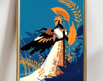 May include: A framed art print featuring a stylized illustration of a figure in a helmet and flowing white gown, holding a sword. The artwork has a blue background with orange and blue foliage, and black and orange wings.