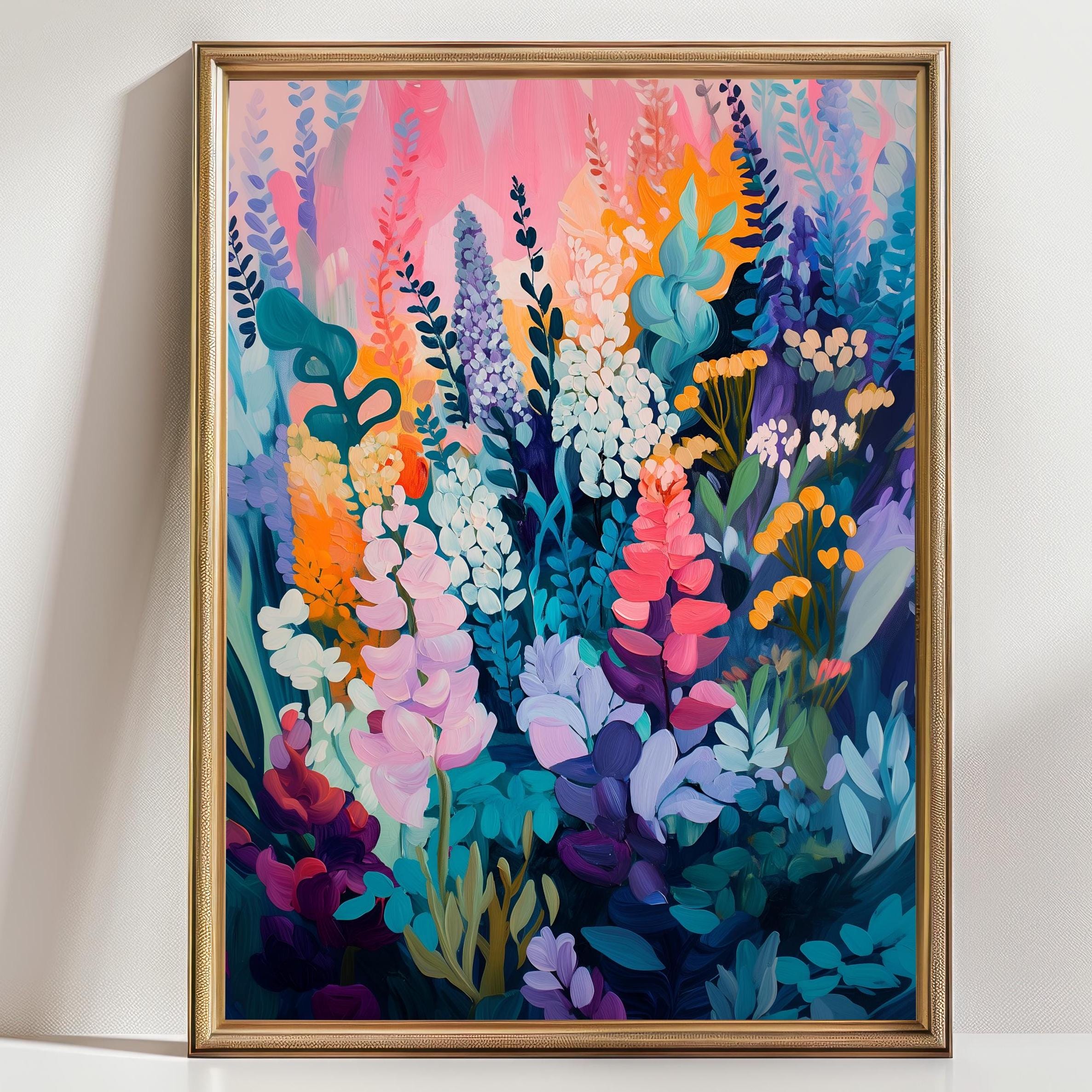 Colorful Lupines Art Print, Matte Vertical Poster, Eclectic Floral Wall Decor, Botanical Home Decor, Henri Matisse style