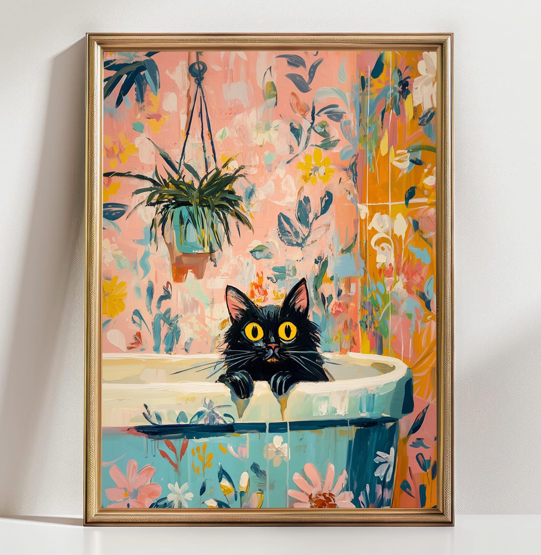 Black Cat Floral Bathroom Wall Art Print, Colorful Botanical Cat Bath ...