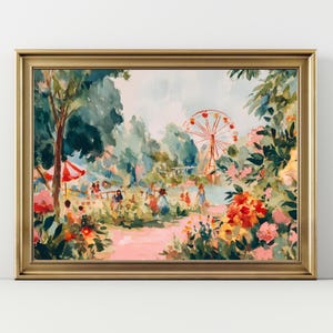 County Fair Watercolor Art Print – Vintage Ferris Wheel Pastel Carnival Landscape Wall Decor