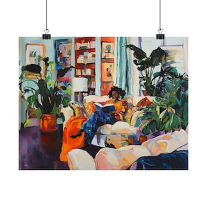 Impresión artística de una chica negra leyendo, decoración acogedora para el hogar, regalo perfecto para amantes de los libros, arte mural artístico, estilo Henri Matisse. imagen 8