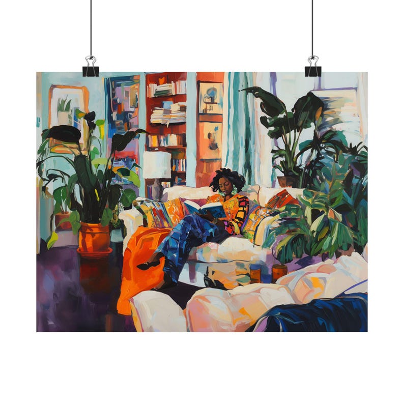 Impresión artística de una chica negra leyendo, decoración acogedora para el hogar, regalo perfecto para amantes de los libros, arte mural artístico, estilo Henri Matisse. imagen 8