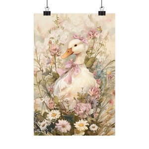Lámina artística de pato caprichoso | Decoración floral de pared estilo cottagecore | Ilustración de pato con capota, estampado animal pastel para guardería, estilo granja vintage imagen 5