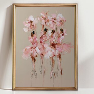 May include: A framed artwork featuring a group of ballerinas in pink tutus. The painting has a soft, impressionistic style with visible brushstrokes. The ballerinas are depicted in motion, with delicate lines suggesting their forms.