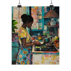 Colorful Kitchen Black Girl Art Print, Vibrant Kitchen Decor, Henri Matisse style, Unique Cooking Painting, Housewarming, Kitchen Wall image 6