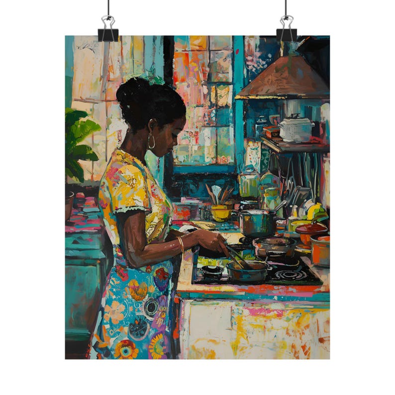 Colorful Kitchen Black Girl Art Print, Vibrant Kitchen Decor, Henri Matisse style, Unique Cooking Painting, Housewarming, Kitchen Wall image 6
