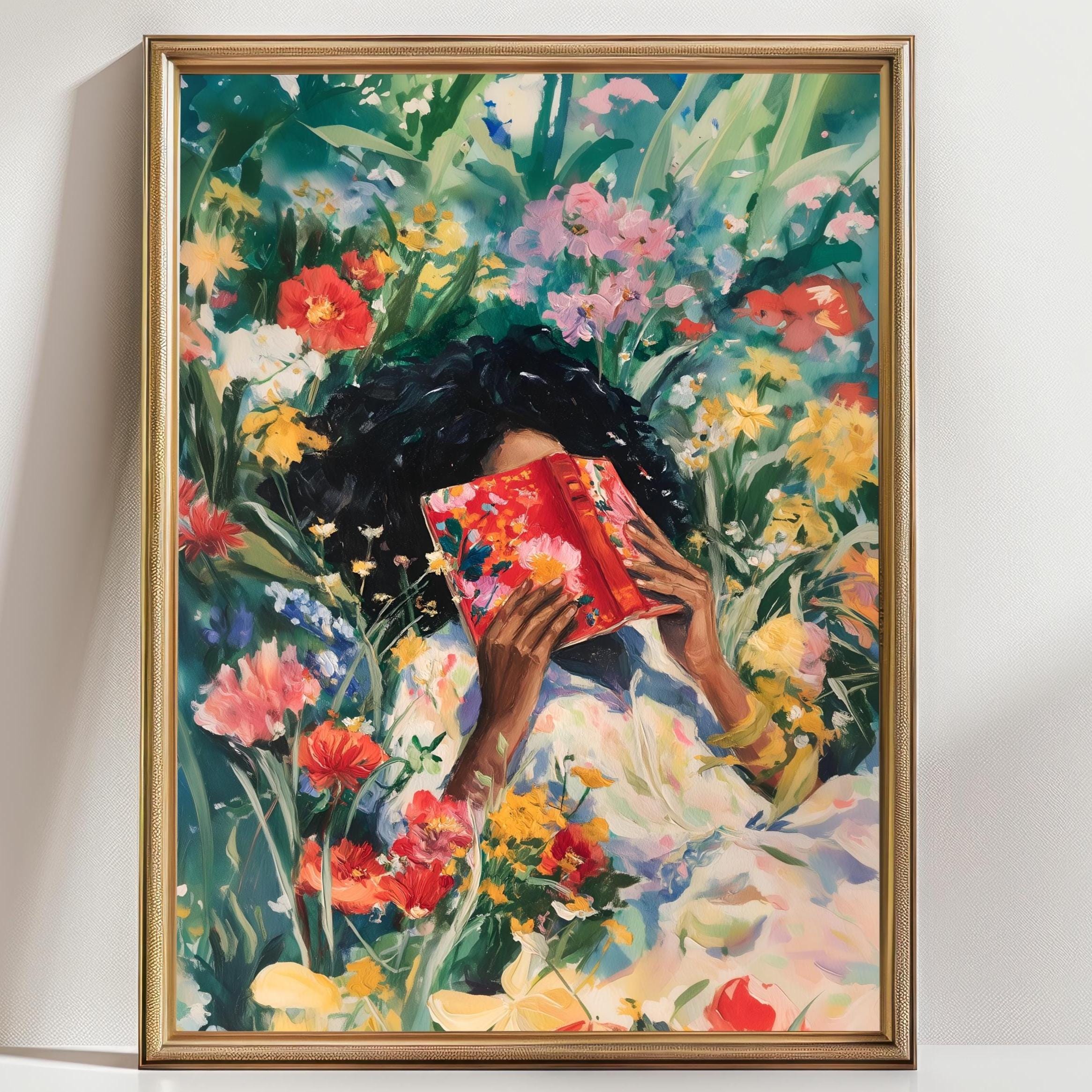 Black Girl Reading Art Print Floral Book Lover Wall Decor Colorful Garden Reading Poster Whimsical Bookish Artwork Afrocentric Literary Art
