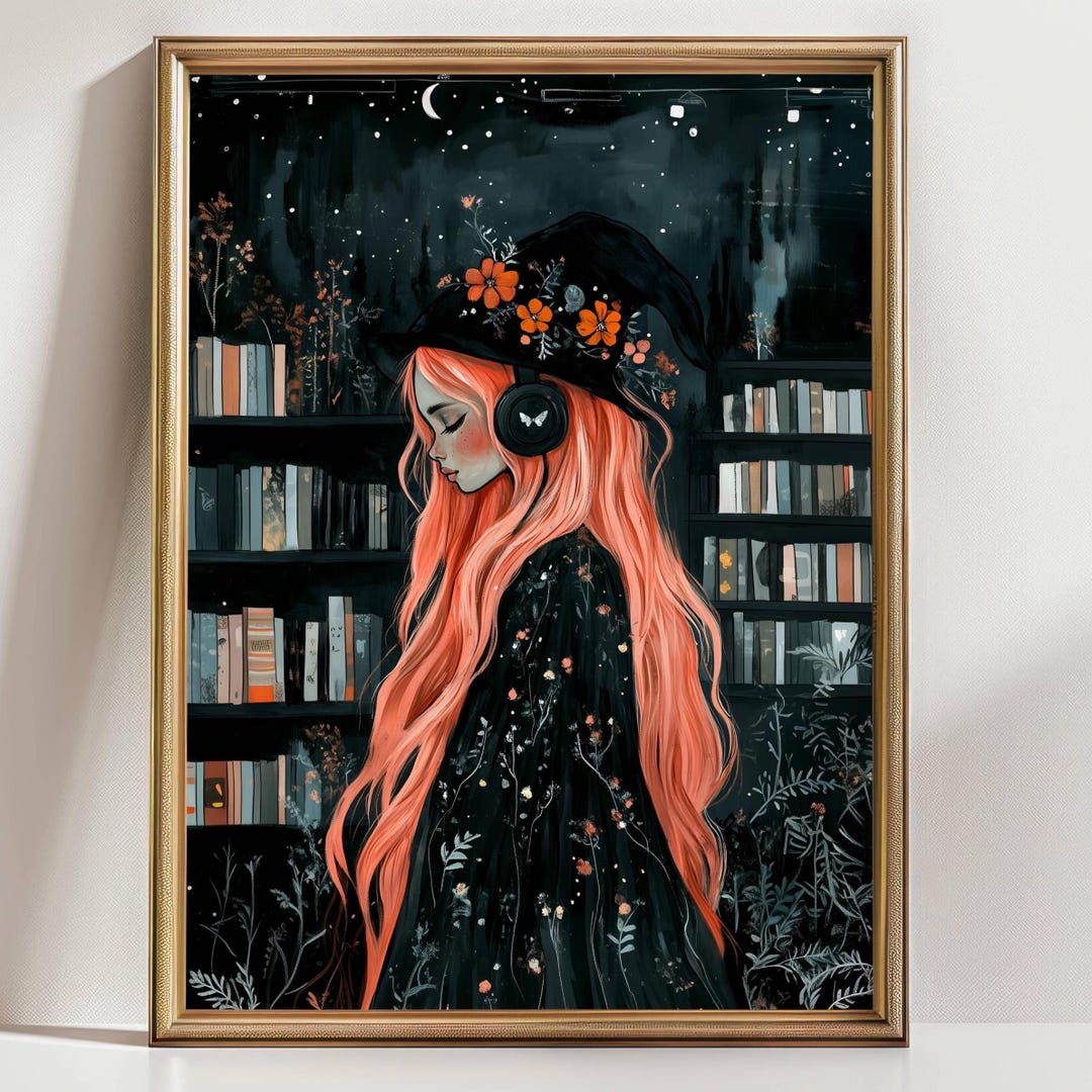 Witch Girl Art Print – Bookish Witch Wall Art, Cozy Gothic Decor, Pink ...