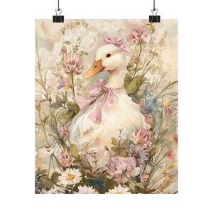 Lámina artística de pato caprichoso | Decoración floral de pared estilo cottagecore | Ilustración de pato con capota, estampado animal pastel para guardería, estilo granja vintage imagen 6