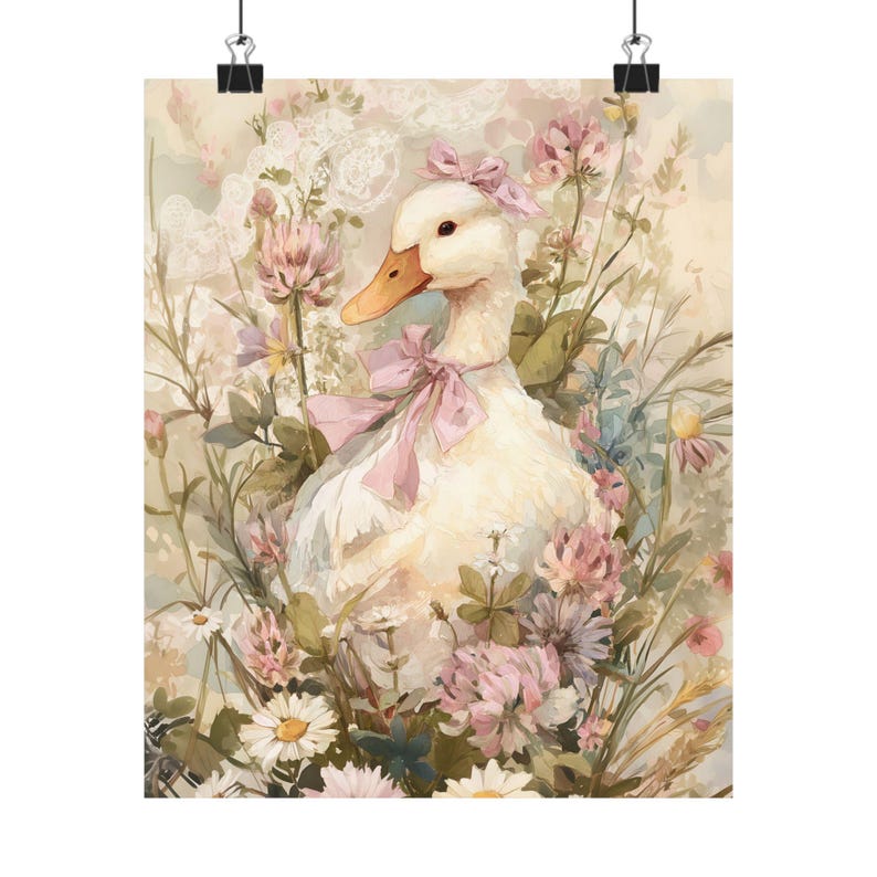 Lámina artística de pato caprichoso | Decoración floral de pared estilo cottagecore | Ilustración de pato con capota, estampado animal pastel para guardería, estilo granja vintage imagen 6